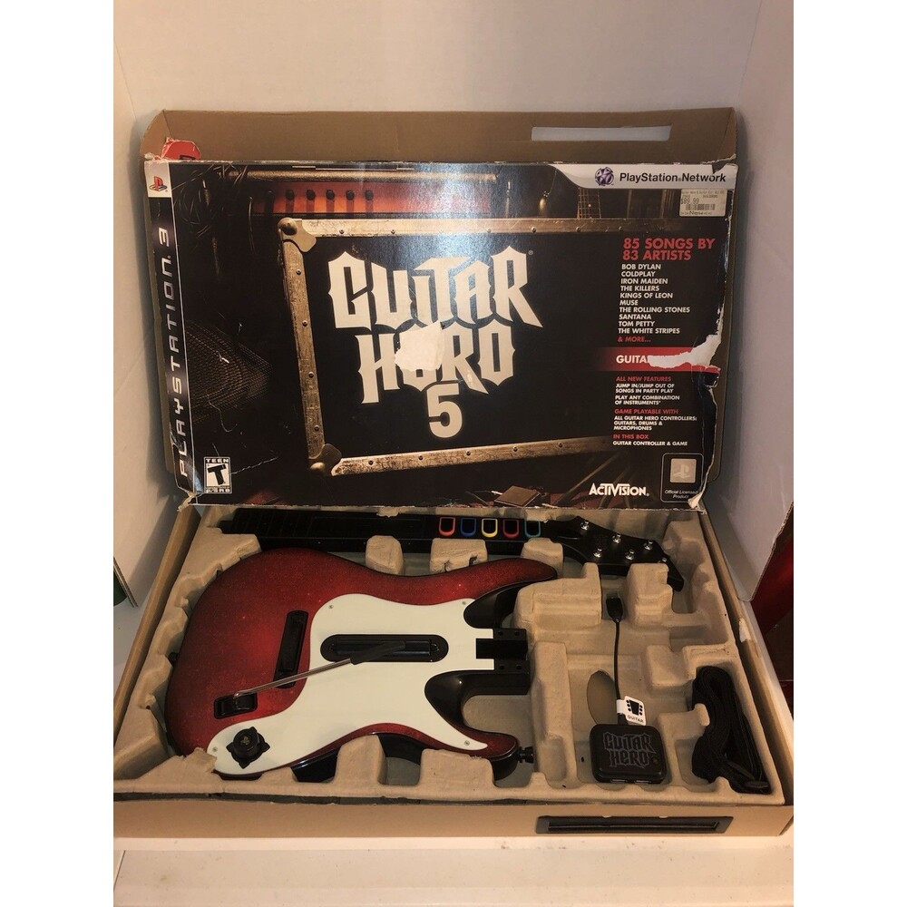 Guitar Hero 5 PS3 Wireless Guitar Controller Dongle Box Complete w/ Strap